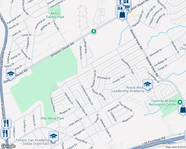 map of restaurants, bars, coffee shops, grocery stores, and more near 6315 Hidden Trail Drive in Dallas