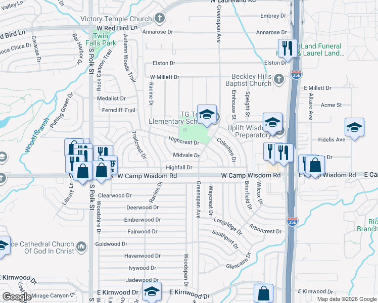map of restaurants, bars, coffee shops, grocery stores, and more near 609 Midvale Drive in Dallas
