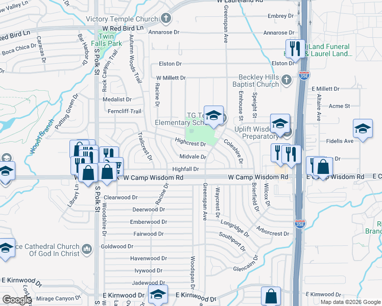 map of restaurants, bars, coffee shops, grocery stores, and more near 645 Midvale Drive in Dallas