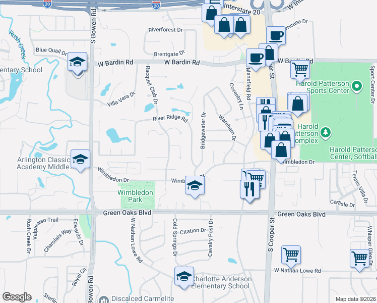 map of restaurants, bars, coffee shops, grocery stores, and more near 5110 River Ridge Road in Arlington