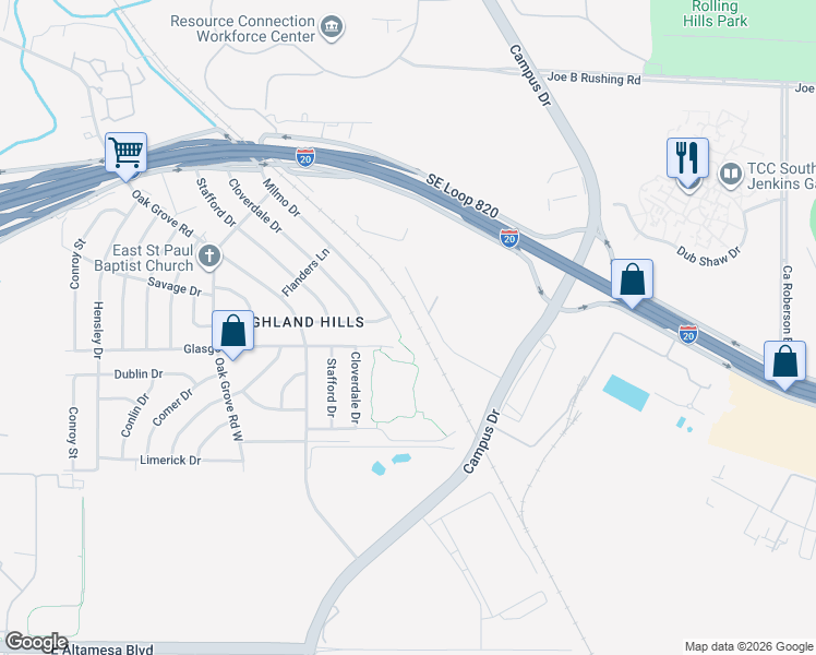 map of restaurants, bars, coffee shops, grocery stores, and more near 1609 Milmo Drive in Fort Worth