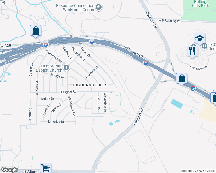map of restaurants, bars, coffee shops, grocery stores, and more near 1540 Roma Lane in Fort Worth