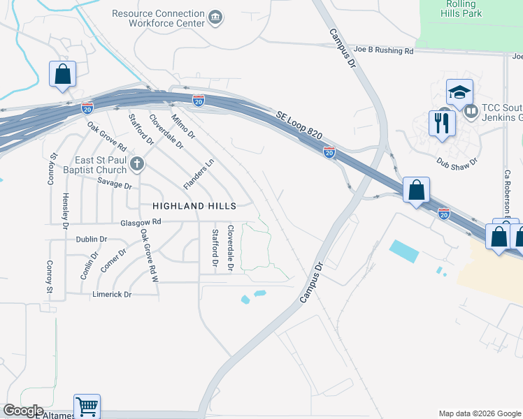 map of restaurants, bars, coffee shops, grocery stores, and more near 1609 Milmo Drive in Fort Worth