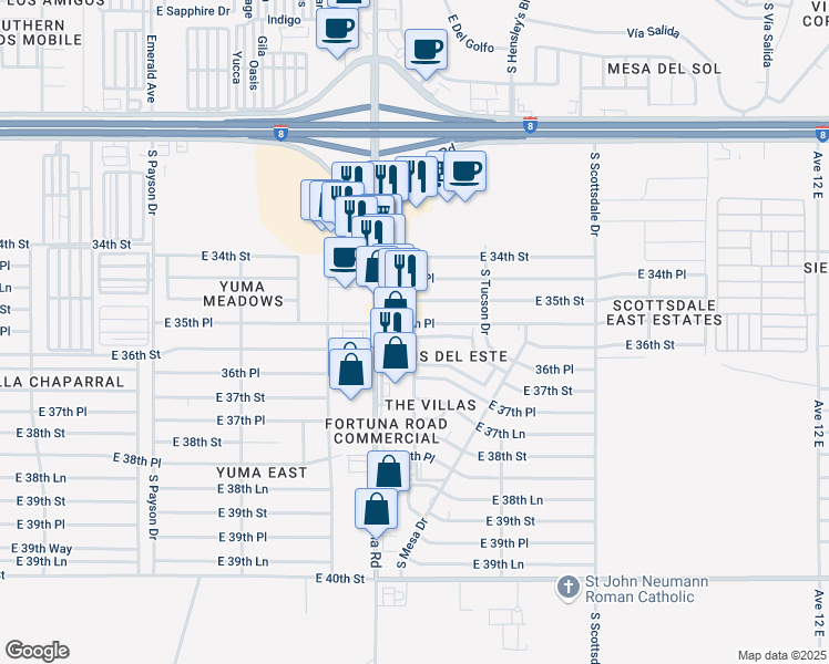 map of restaurants, bars, coffee shops, grocery stores, and more near 11416 S Phoenix Dr in Yuma