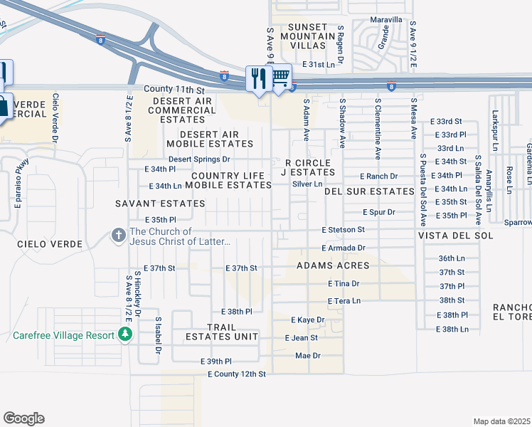 map of restaurants, bars, coffee shops, grocery stores, and more near 11453 South Joshua Drive in Yuma