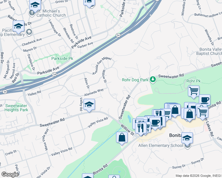 map of restaurants, bars, coffee shops, grocery stores, and more near 3467 Willow Street in Bonita