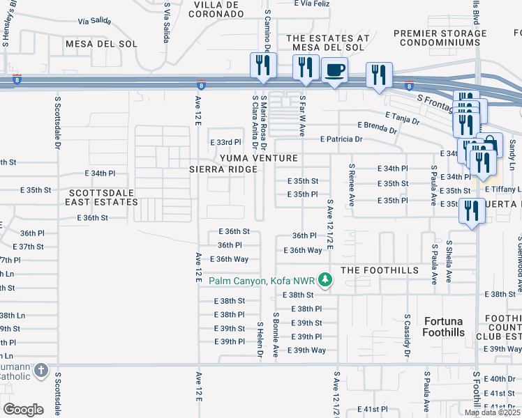 map of restaurants, bars, coffee shops, grocery stores, and more near 11460 South Maria Rosa Drive in Yuma