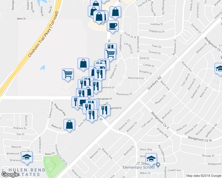 map of restaurants, bars, coffee shops, grocery stores, and more near 5805 Ridgerock Court in Fort Worth