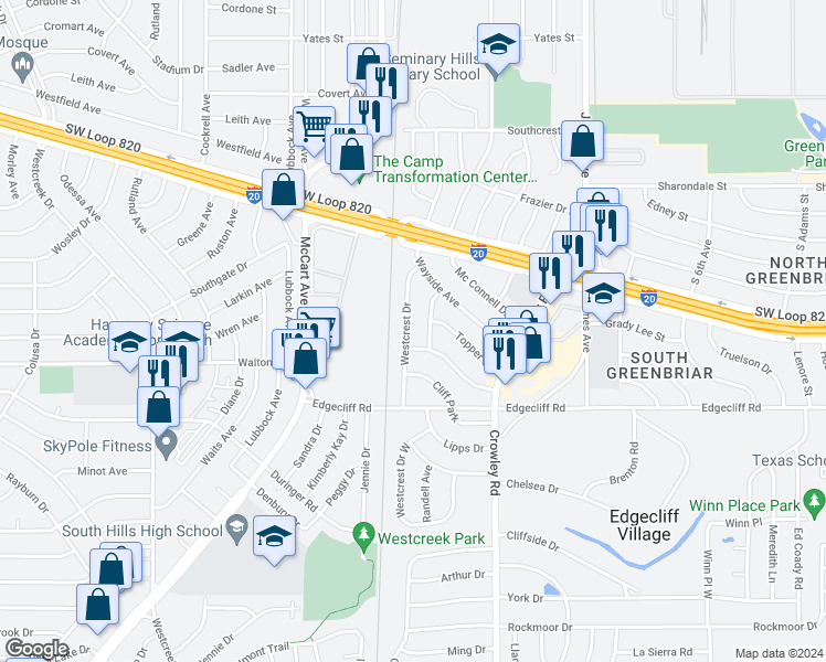 map of restaurants, bars, coffee shops, grocery stores, and more near 5525 Westcrest Drive in Fort Worth