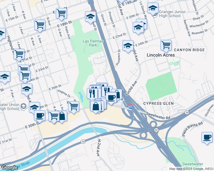 map of restaurants, bars, coffee shops, grocery stores, and more near 2774 Vista Way in National City