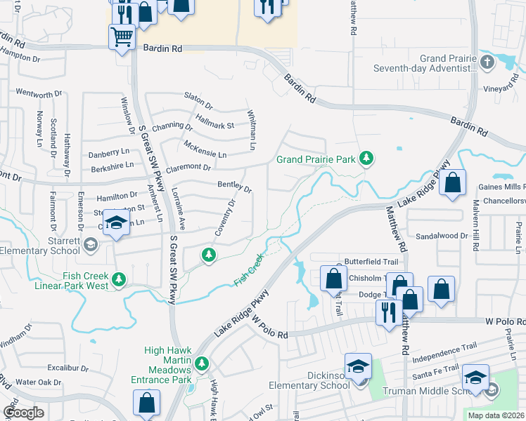 map of restaurants, bars, coffee shops, grocery stores, and more near 4349 Winchester Court in Grand Prairie