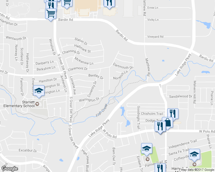 map of restaurants, bars, coffee shops, grocery stores, and more near 4349 Winchester Court in Grand Prairie