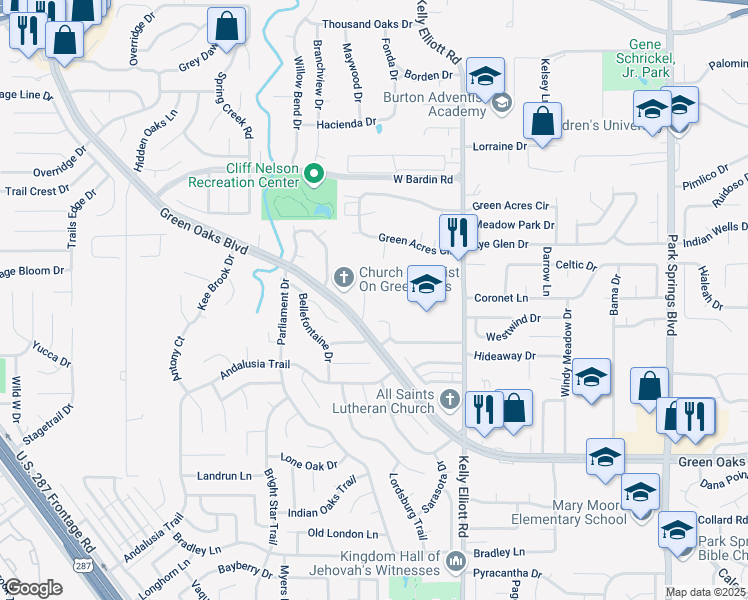 map of restaurants, bars, coffee shops, grocery stores, and more near 5103 Green Acres Street in Arlington