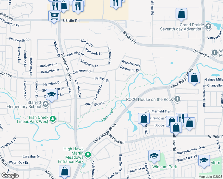 map of restaurants, bars, coffee shops, grocery stores, and more near 4349 Winchester Court in Grand Prairie