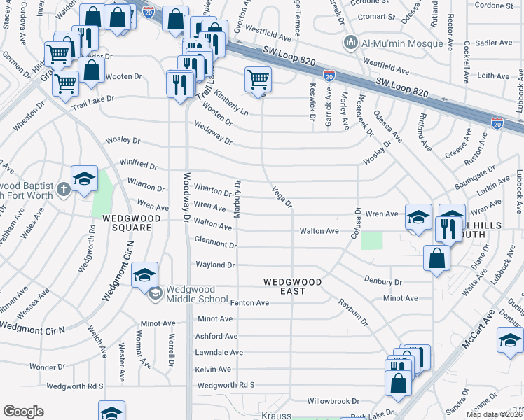 map of restaurants, bars, coffee shops, grocery stores, and more near 3720 Wren Avenue in Fort Worth