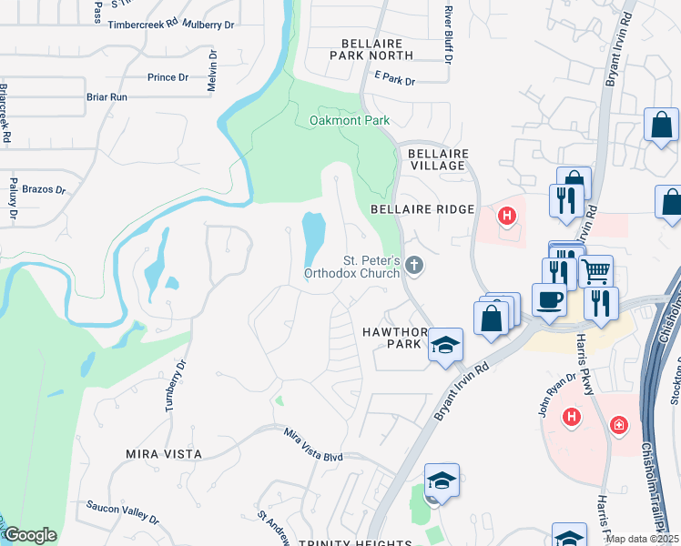 map of restaurants, bars, coffee shops, grocery stores, and more near 5916 Forest Highlands Drive in Fort Worth