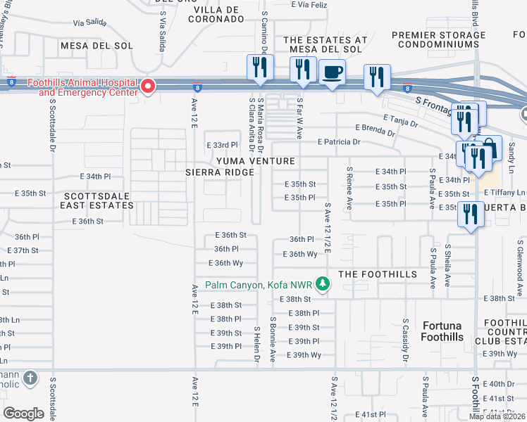 map of restaurants, bars, coffee shops, grocery stores, and more near 11460 South Maria Rosa Drive in Yuma