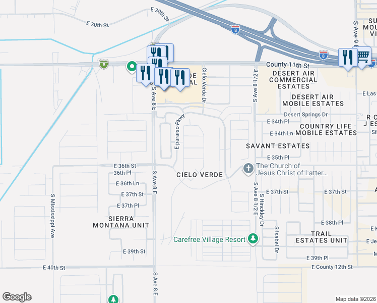 map of restaurants, bars, coffee shops, grocery stores, and more near Parasio Pkwy in Yuma