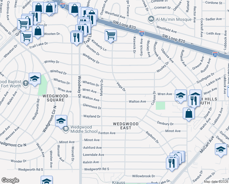 map of restaurants, bars, coffee shops, grocery stores, and more near 3720 Wren Avenue in Fort Worth