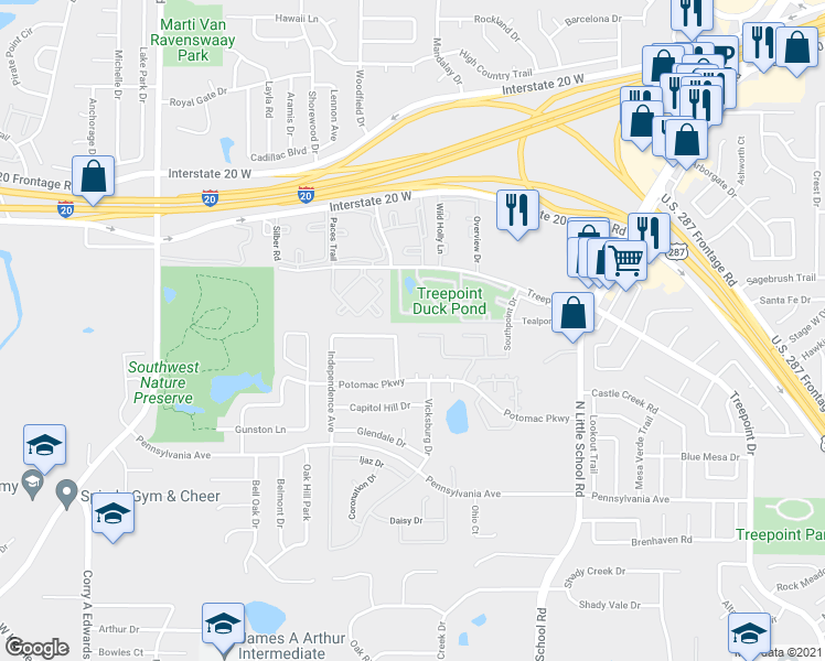 map of restaurants, bars, coffee shops, grocery stores, and more near 6625 Shelton Home Court in Arlington