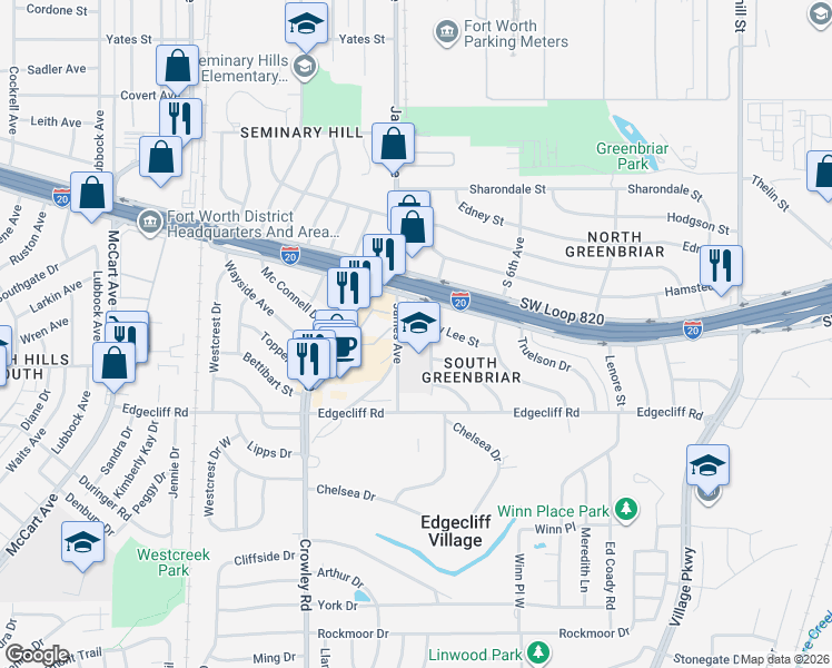 map of restaurants, bars, coffee shops, grocery stores, and more near 1605 Grady Lee Street in Fort Worth