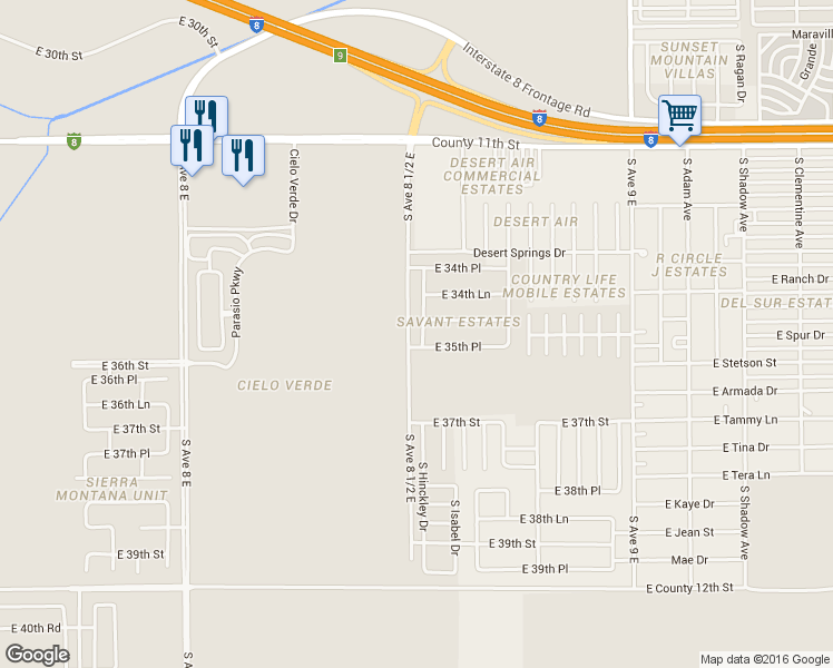 map of restaurants, bars, coffee shops, grocery stores, and more near 3554 South Hinckley Drive in Yuma