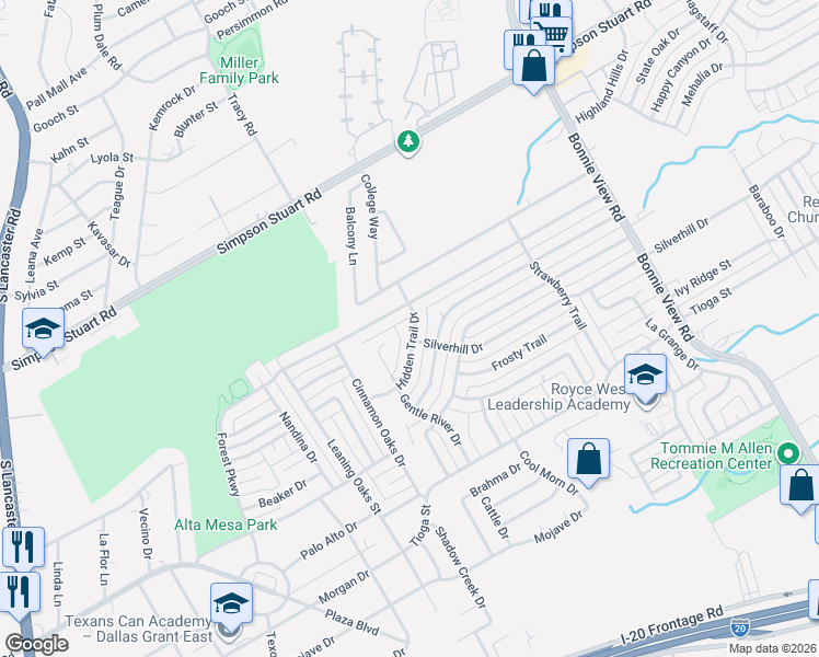 map of restaurants, bars, coffee shops, grocery stores, and more near 6315 Hidden Trail Drive in Dallas