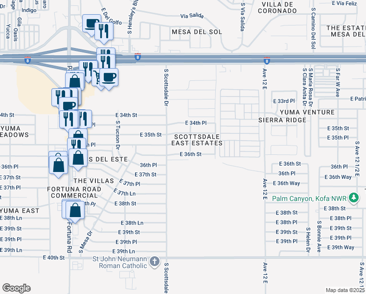 map of restaurants, bars, coffee shops, grocery stores, and more near 11567 East 35th Place in Yuma
