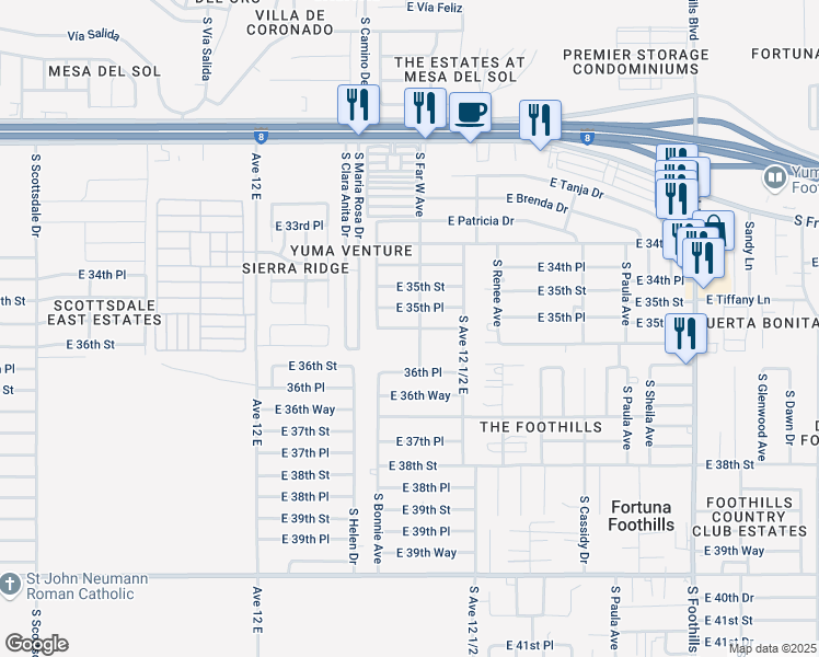 map of restaurants, bars, coffee shops, grocery stores, and more near 10112 East 36th Street in Yuma