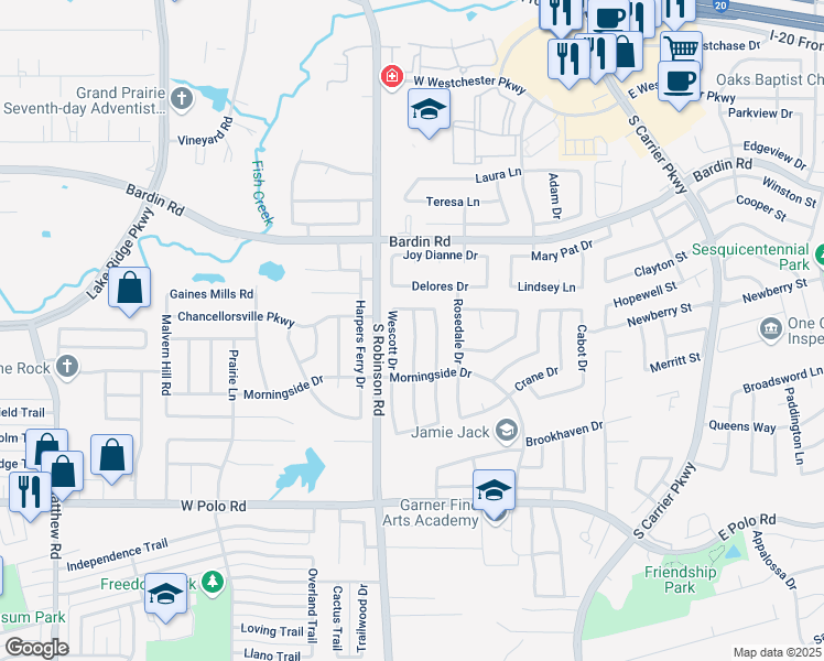 map of restaurants, bars, coffee shops, grocery stores, and more near 4421 Forsyth Ln in Grand Prairie