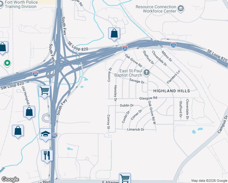 map of restaurants, bars, coffee shops, grocery stores, and more near 5436 Hensley Drive in Fort Worth
