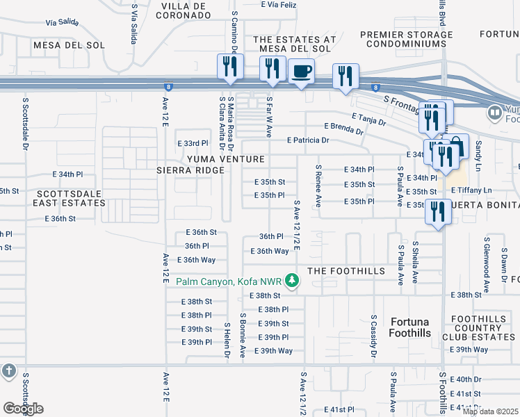 map of restaurants, bars, coffee shops, grocery stores, and more near 8732 East 36th Street in Yuma