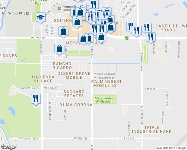 map of restaurants, bars, coffee shops, grocery stores, and more near 391 West Casa Blanca Drive in Yuma