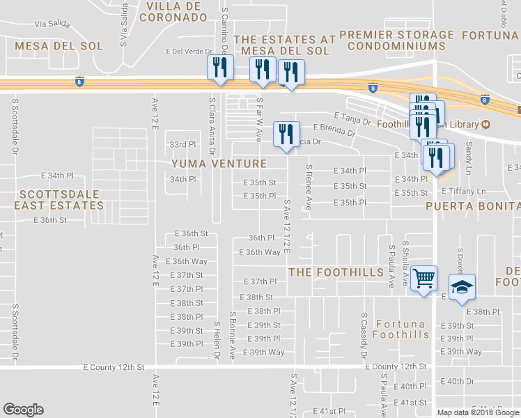 map of restaurants, bars, coffee shops, grocery stores, and more near 12400 East 36th Street in Yuma