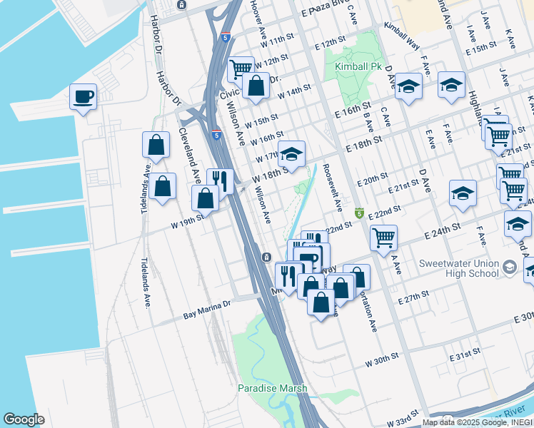 map of restaurants, bars, coffee shops, grocery stores, and more near 1998 Wilson Avenue in National City