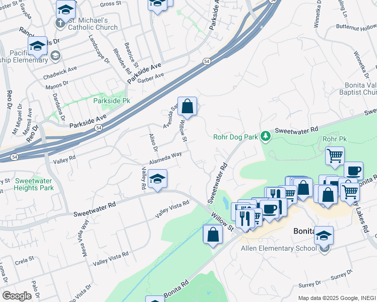 map of restaurants, bars, coffee shops, grocery stores, and more near Willow St & Alameda Way in Bonita