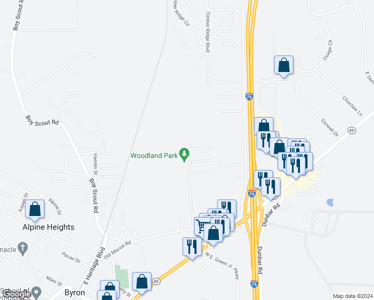 map of restaurants, bars, coffee shops, grocery stores, and more near 307 Woodland Drive in Byron