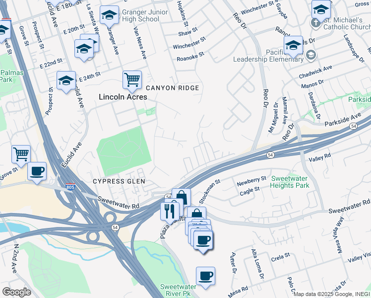 map of restaurants, bars, coffee shops, grocery stores, and more near 3011 Baker Place in National City