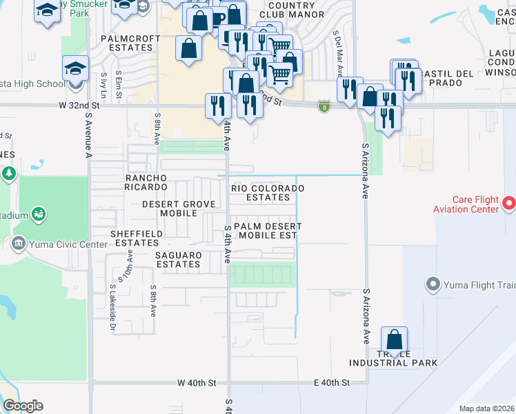 map of restaurants, bars, coffee shops, grocery stores, and more near 221 West Casa Blanca Drive in Yuma