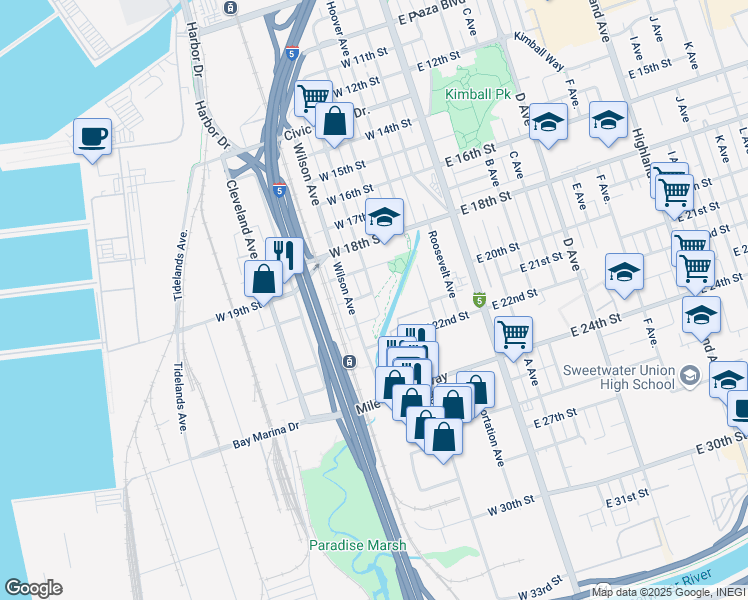 map of restaurants, bars, coffee shops, grocery stores, and more near 2012 Harding Avenue in National City
