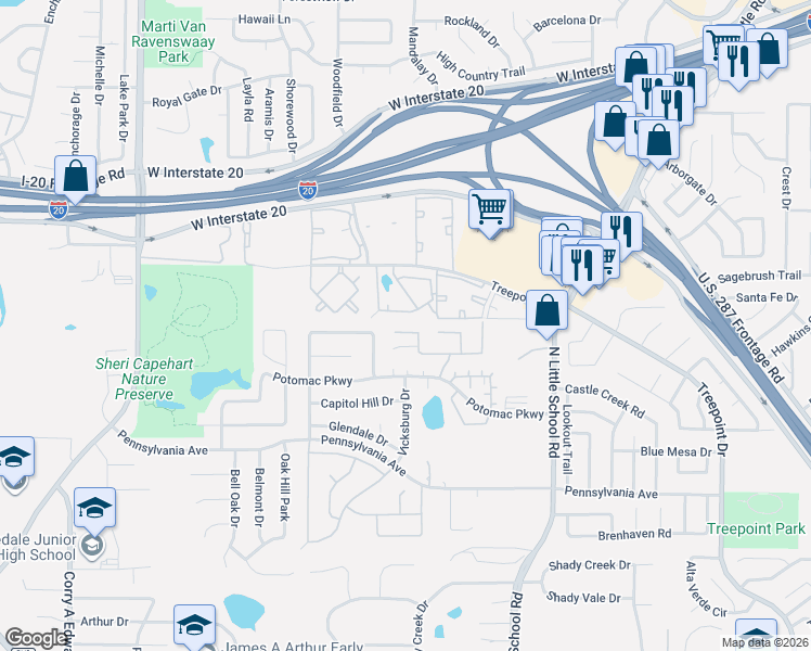 map of restaurants, bars, coffee shops, grocery stores, and more near 6625 Shelton Home Court in Arlington