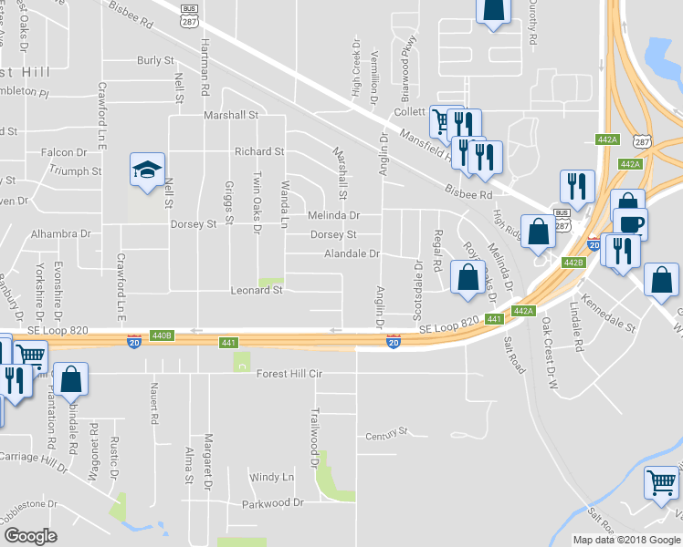 map of restaurants, bars, coffee shops, grocery stores, and more near 6509 Shady Hill Drive in Fort Worth