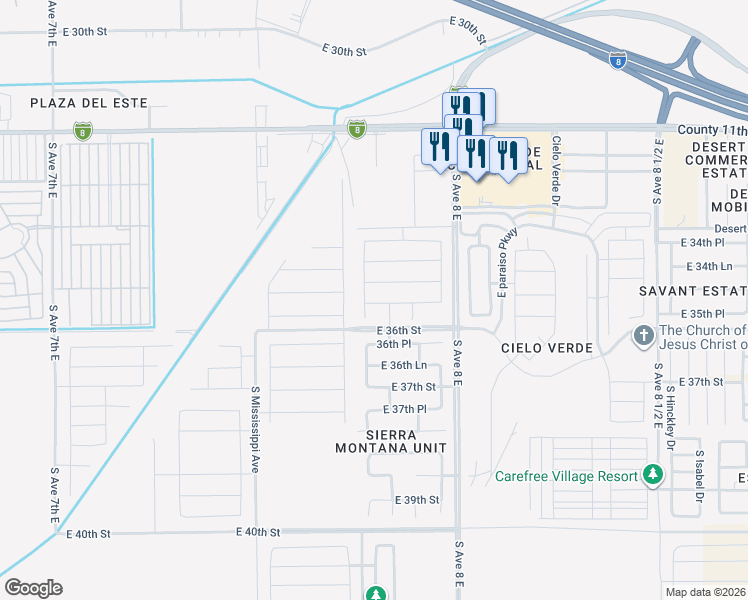 map of restaurants, bars, coffee shops, grocery stores, and more near 7800 36th Place in Yuma