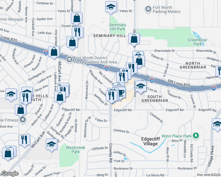 map of restaurants, bars, coffee shops, grocery stores, and more near 5473 Wayside Avenue in Fort Worth