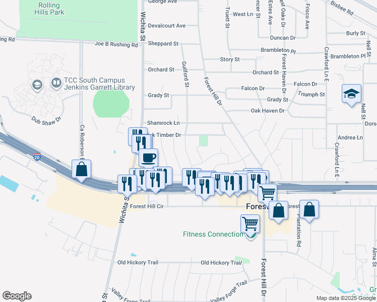 map of restaurants, bars, coffee shops, grocery stores, and more near 6401 Guilford Street in Forest Hill