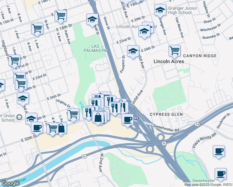 map of restaurants, bars, coffee shops, grocery stores, and more near 2741 Prospect Street in National City