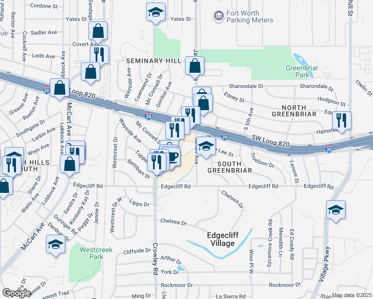 map of restaurants, bars, coffee shops, grocery stores, and more near 5612 James Avenue in Fort Worth