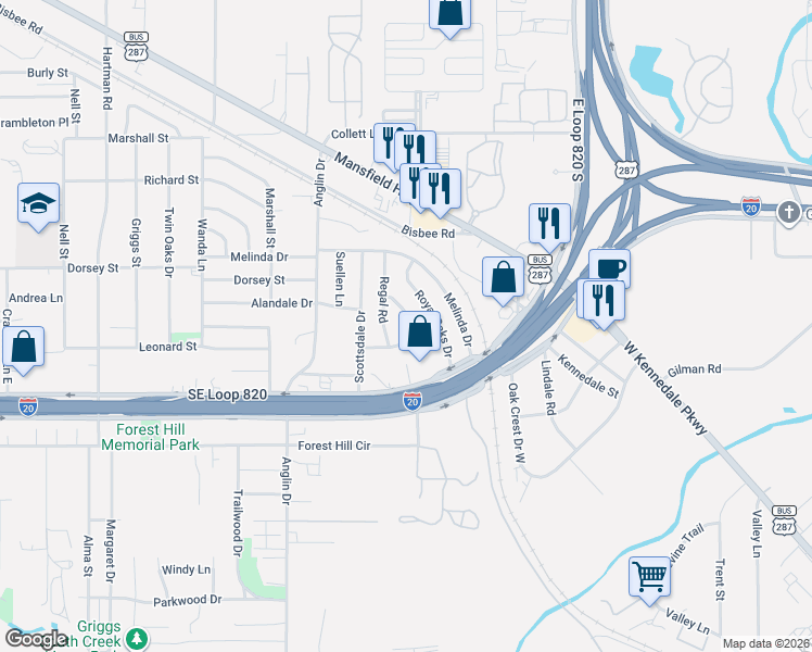 map of restaurants, bars, coffee shops, grocery stores, and more near 6424 Embassy Drive in Forest Hill
