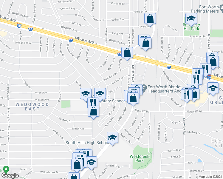 map of restaurants, bars, coffee shops, grocery stores, and more near 2824 Wren Avenue in Fort Worth