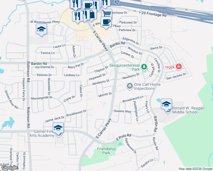 map of restaurants, bars, coffee shops, grocery stores, and more near 408 Spencer Circle in Grand Prairie